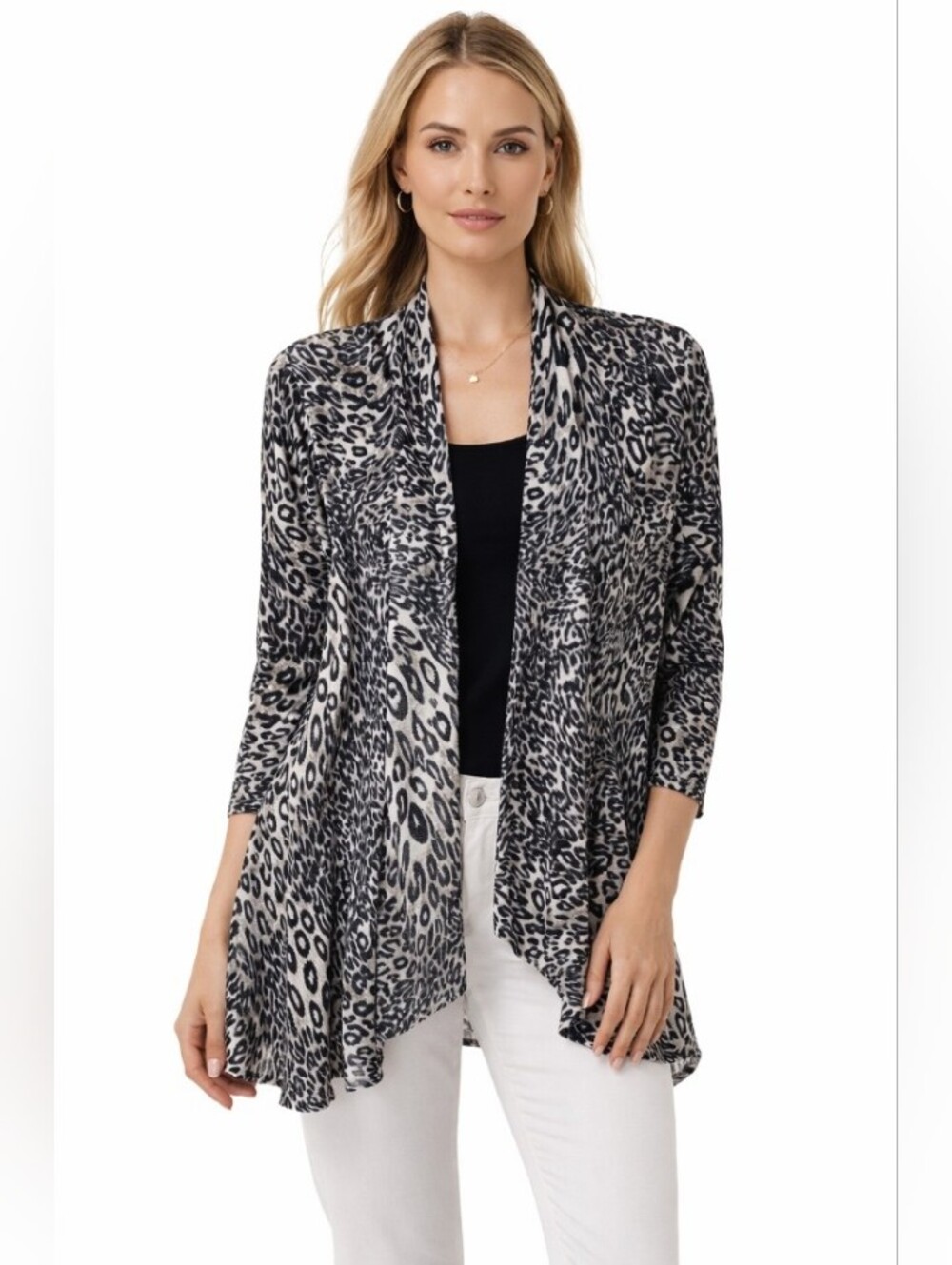Notations Black and White Leopard Print Open Cardigan Medium